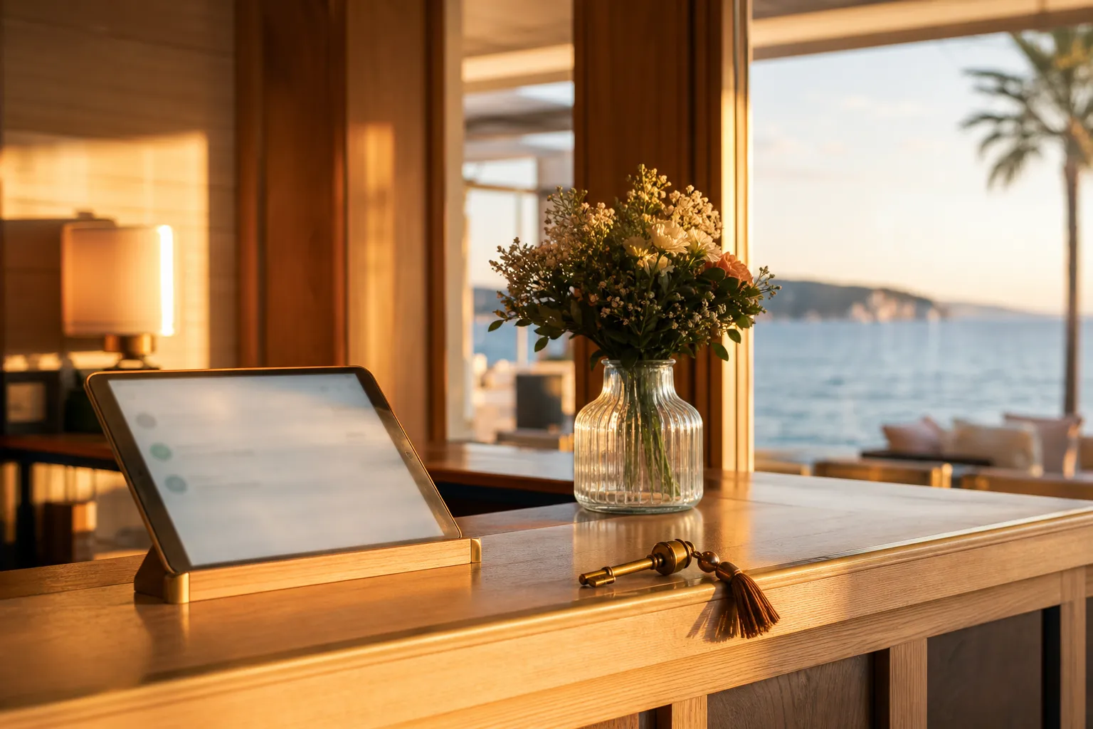 Comptoir de conciergerie d’un hôtel en bord de mer avec une tablette et un bouquet de fleurs