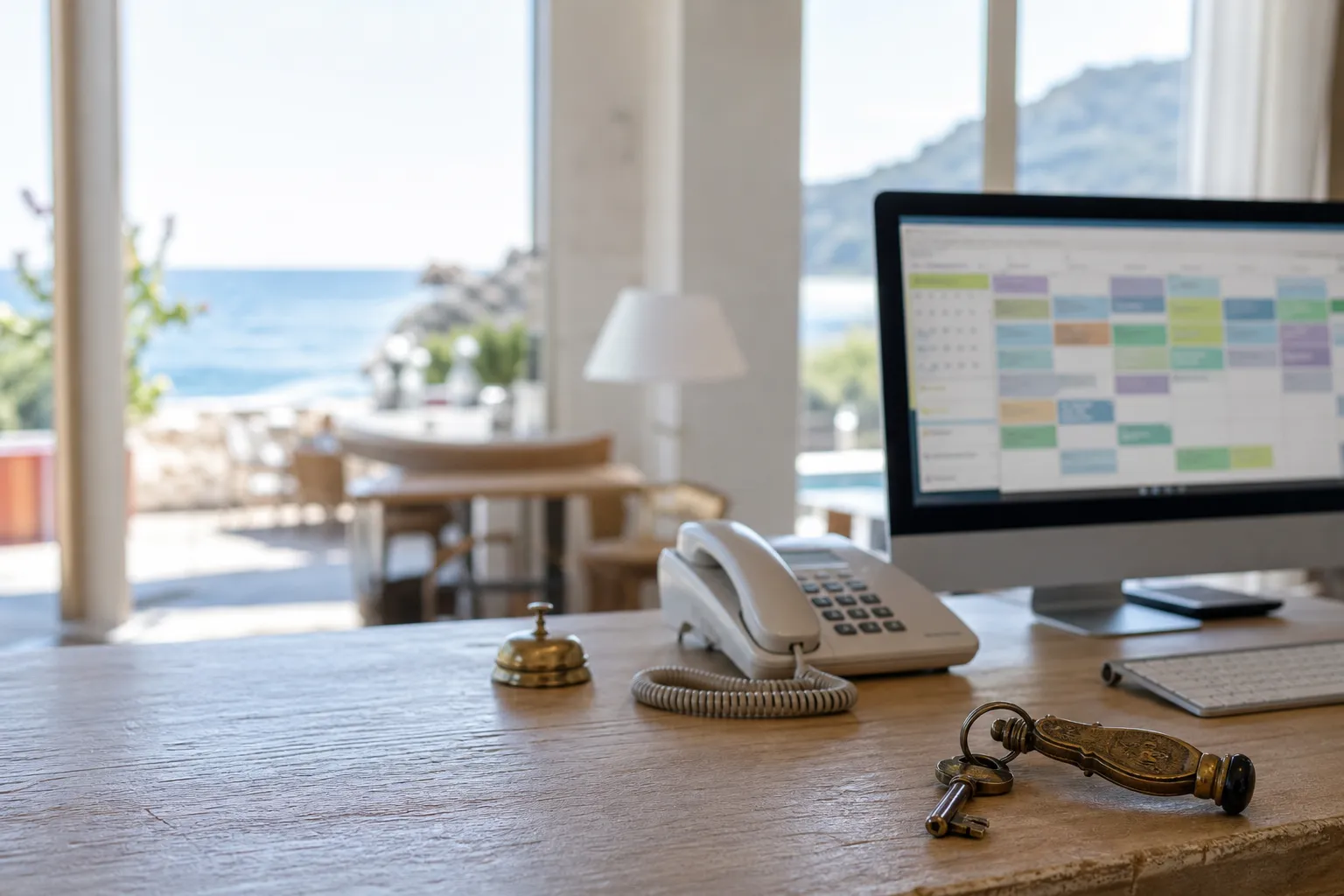 Réception d’un hôtel en bord de mer avec un écran affichant un calendrier de réservation