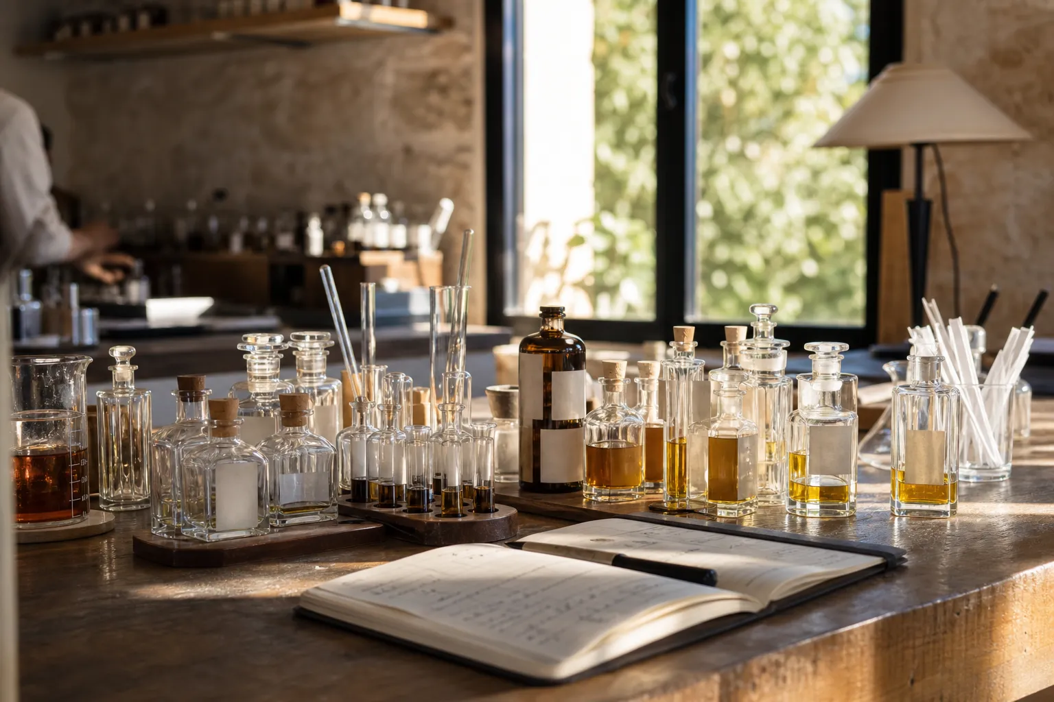 Atelier de parfumerie avec des flacons en verre alignés et un carnet de suivi ouvert
