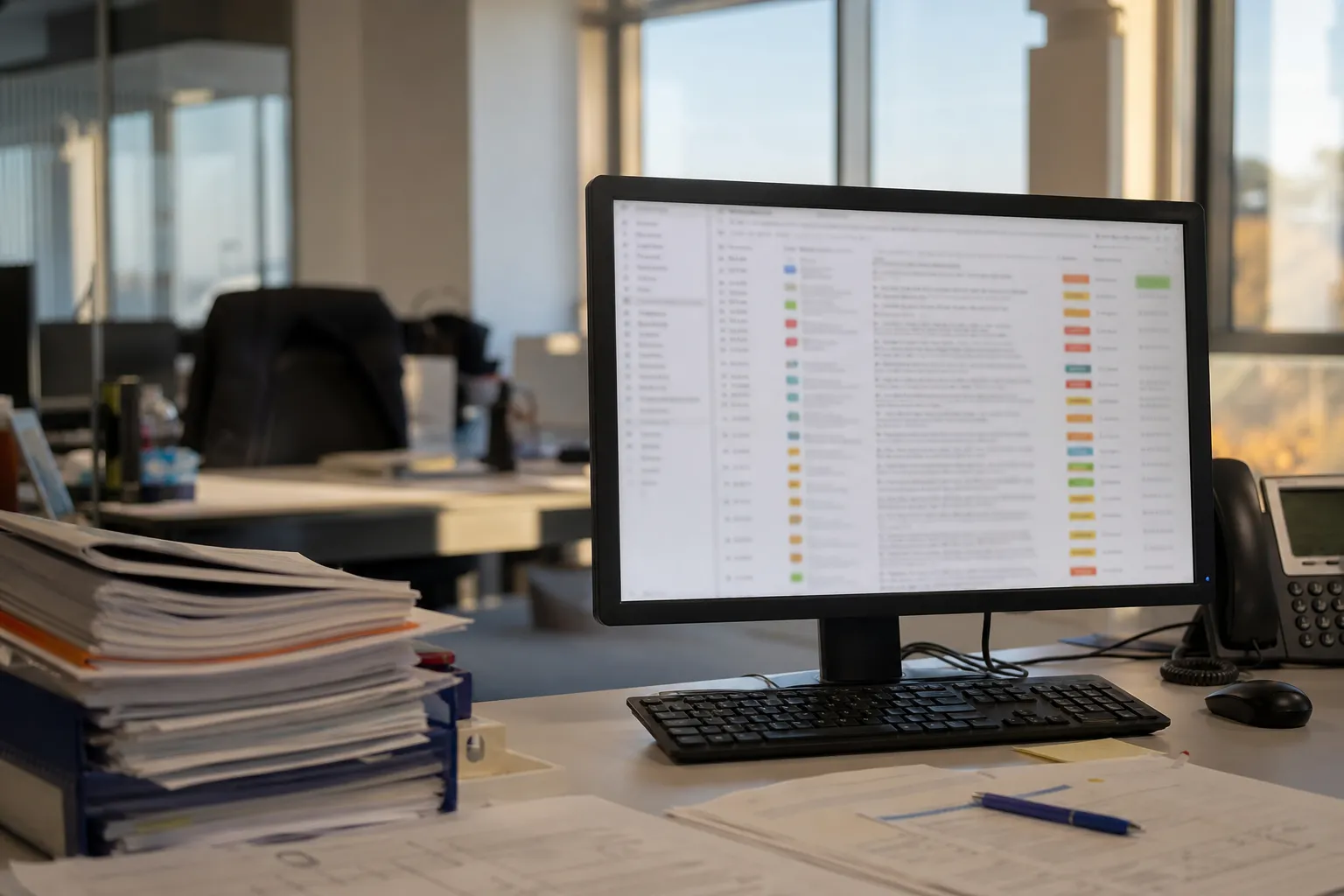 Bureau d’ingénieur avec un écran affichant une liste de documents à étiquettes de priorité