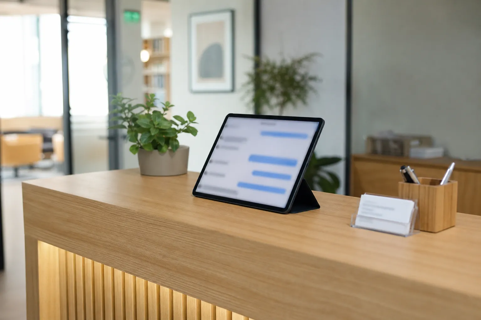 Comptoir d’accueil avec une tablette affichant une fenêtre de conversation, décor sobre en bois clair