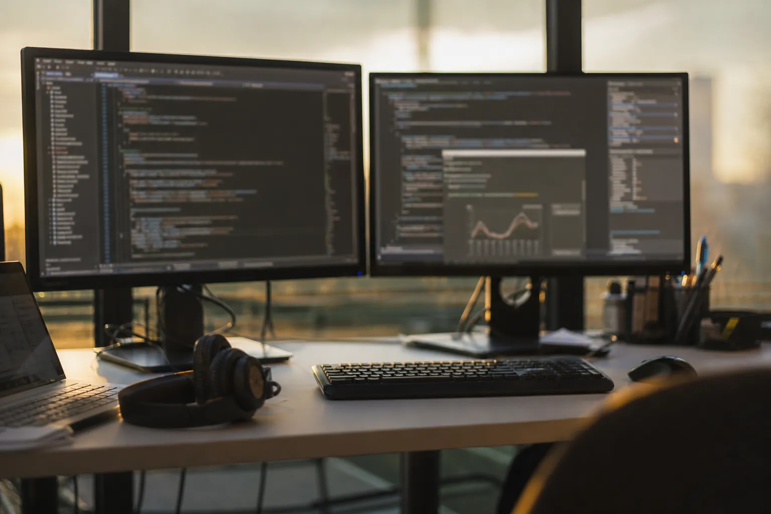 Bureau technique avec deux écrans affichant des lignes de code et une fenêtre de test