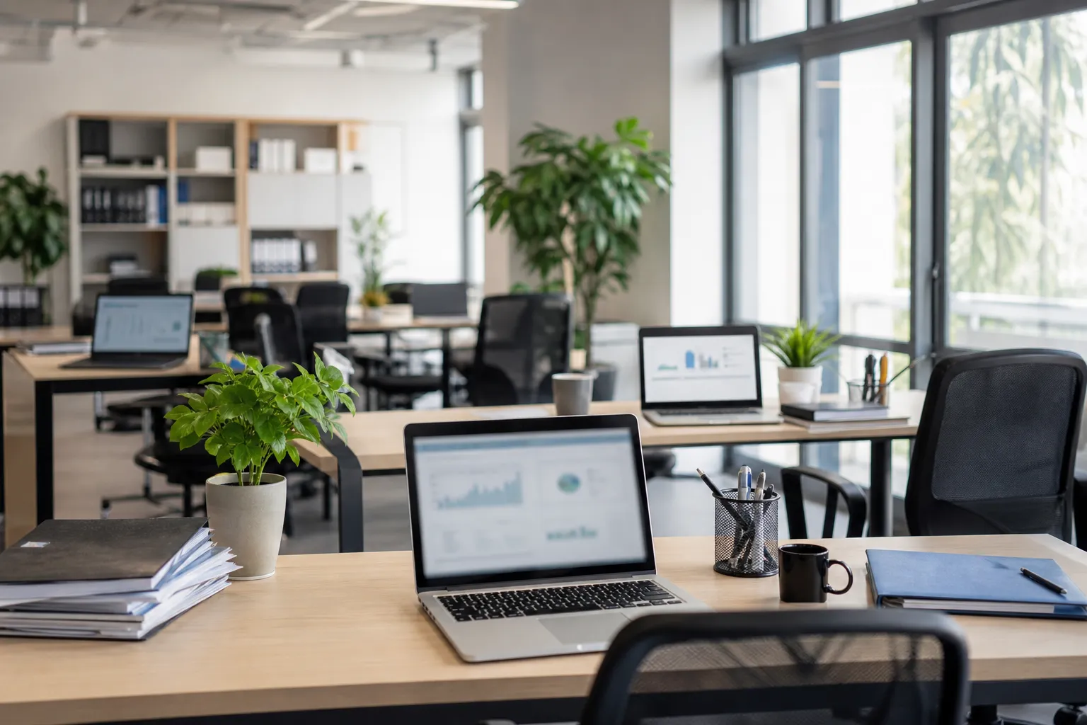 Bureau ouvert d’une petite entreprise de service, plusieurs postes de travail et grandes fenêtres